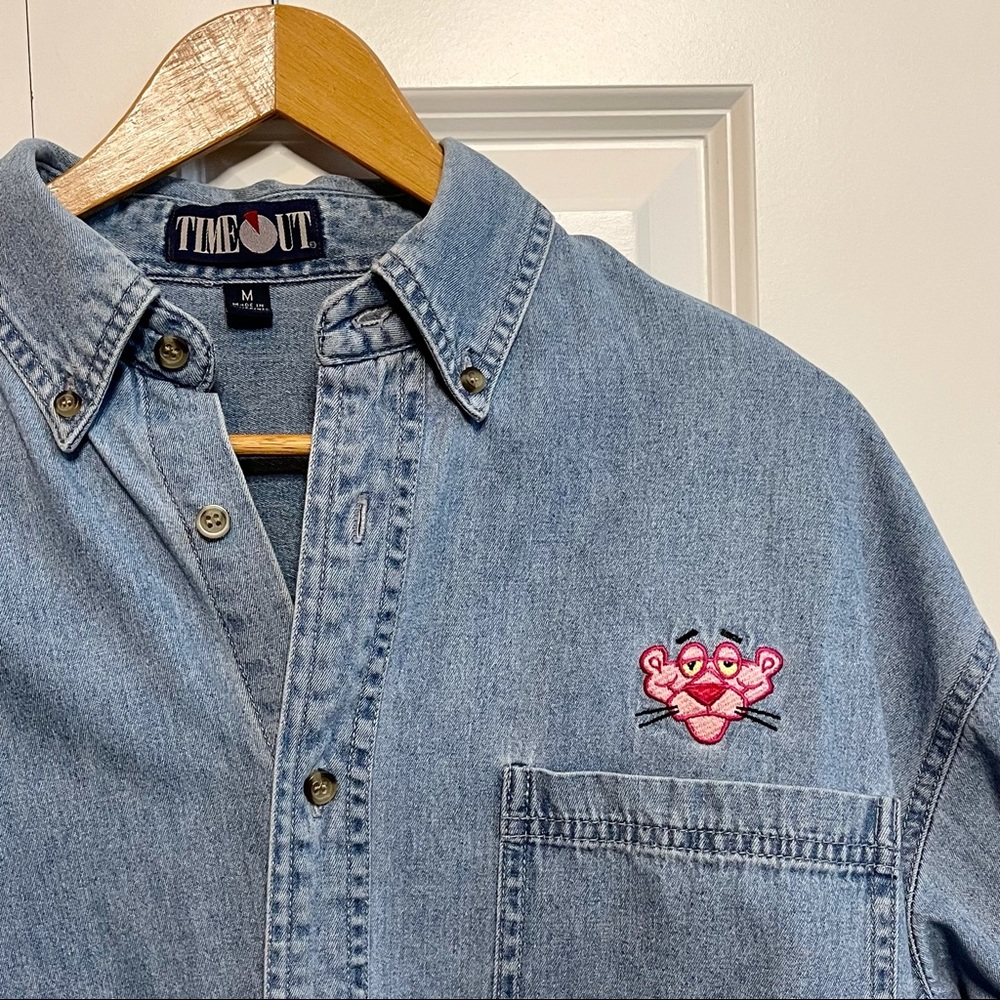 VTG 90s Pink Panther Cartoon Denim Button-Up Men's Size